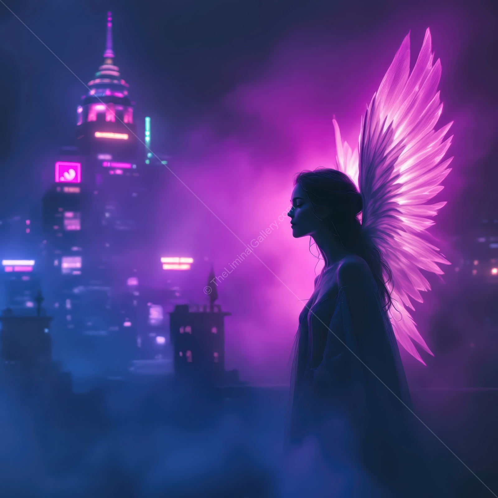 Enigmatic figure with radiant wings overlooks a vibrant cityscape at night, blending fantasy with urban life