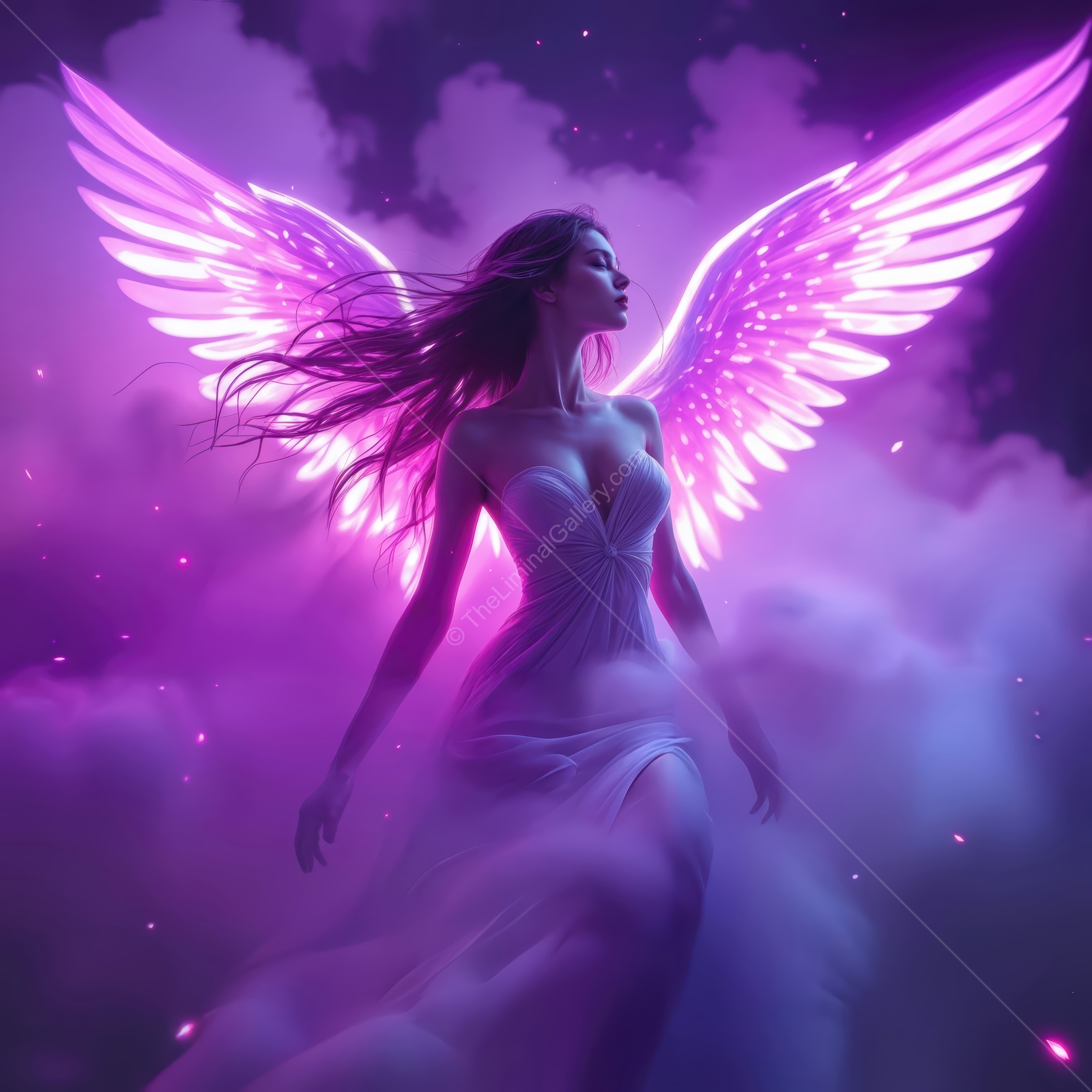 Wings of light embrace a mystical figure in a vibrant, dreamlike landscape at dusk