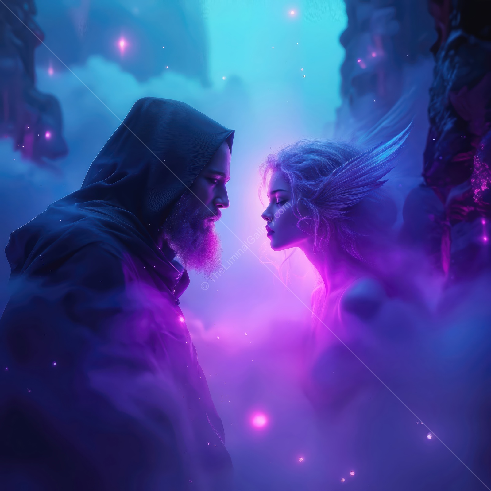 A mystical encounter between a wise figure and an ethereal being in a dreamlike landscape filled with vibrant colors