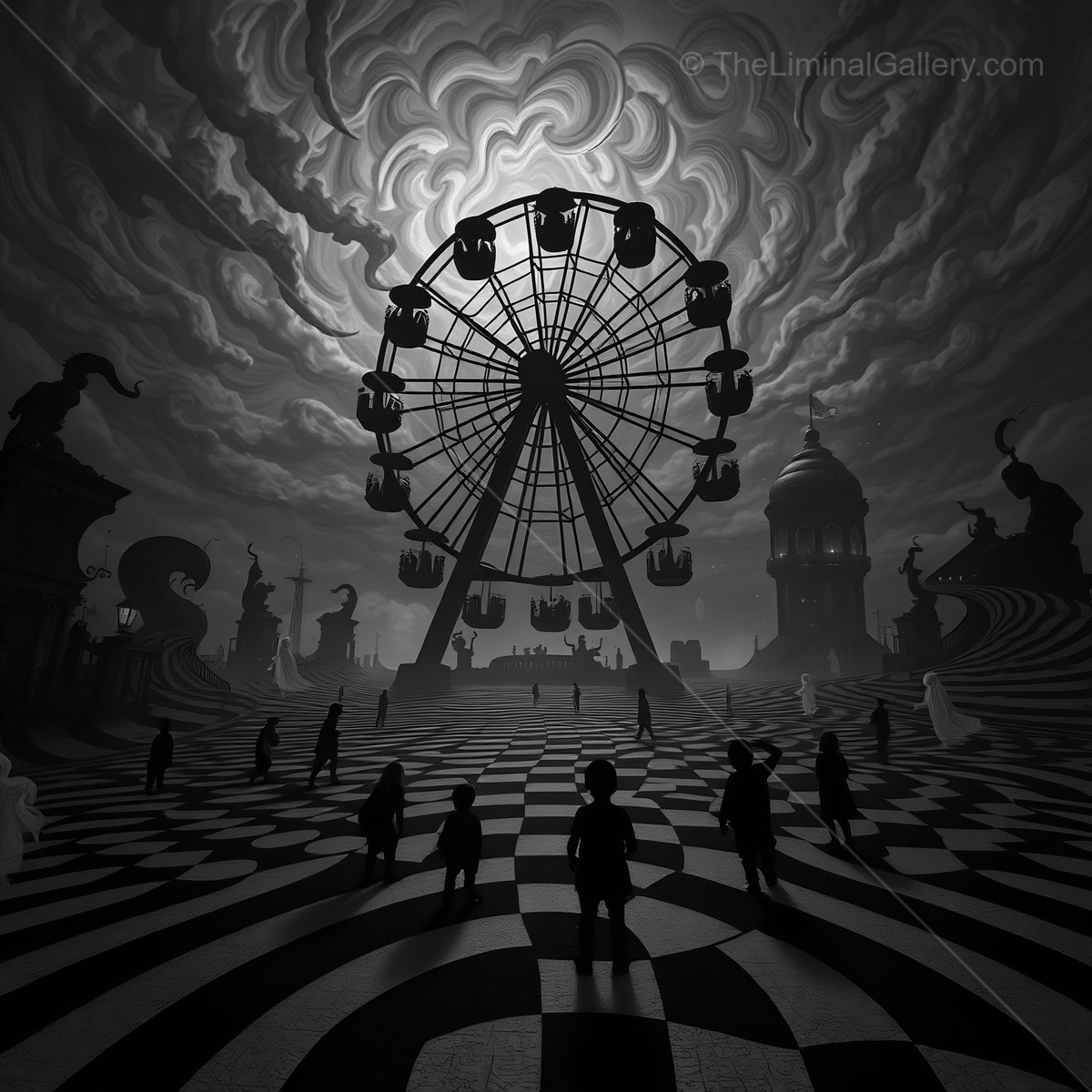 Mysterious liminal carnival night with towering ferris wheel under swirling clouds