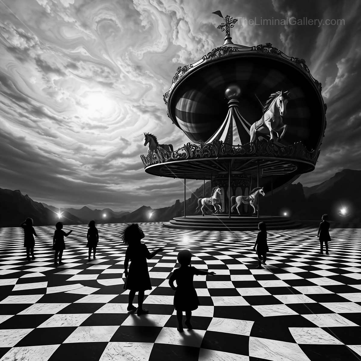 Mystical liminal carousel at twilight captivates children exploring a dreamlike landscape