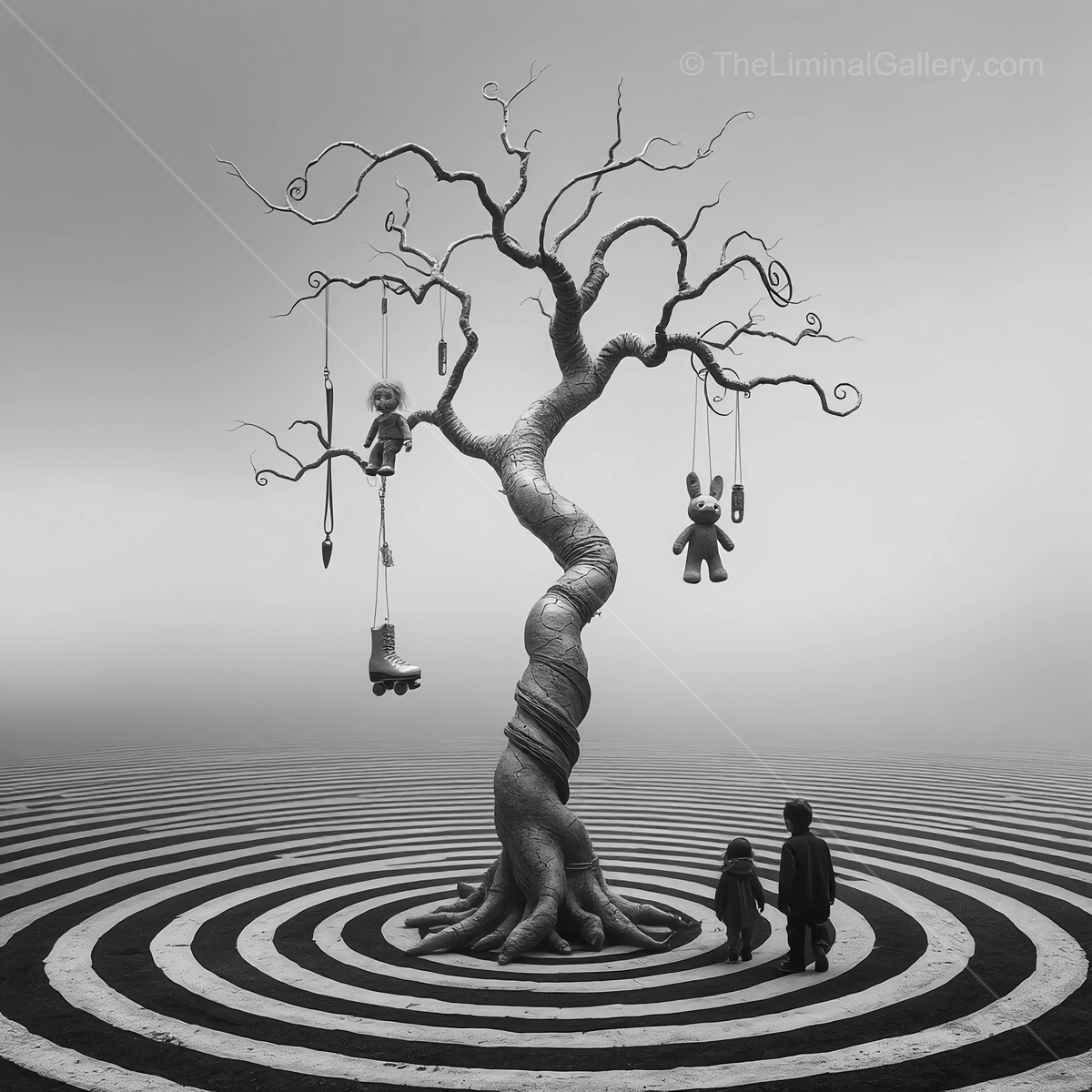 Whispers of childhood in a liminal surreal landscape with a twisted tree and playful shadows