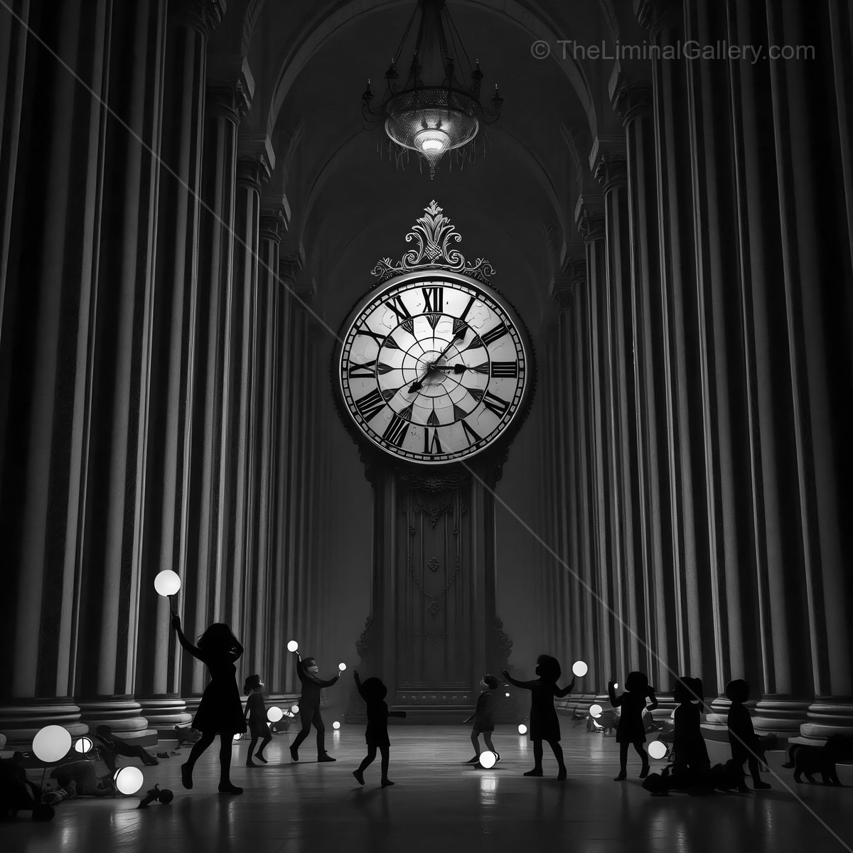 Children play joyfully under a grand clock in a liminal majestic hall during an enchanting evening event