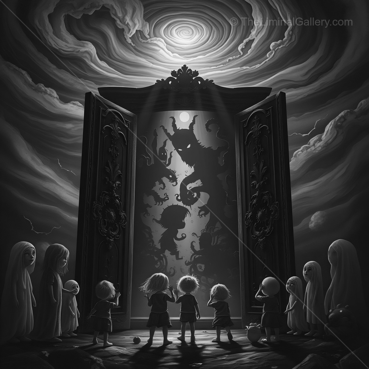 Children gather in wonder before a mysterious door under swirling clouds at twilight