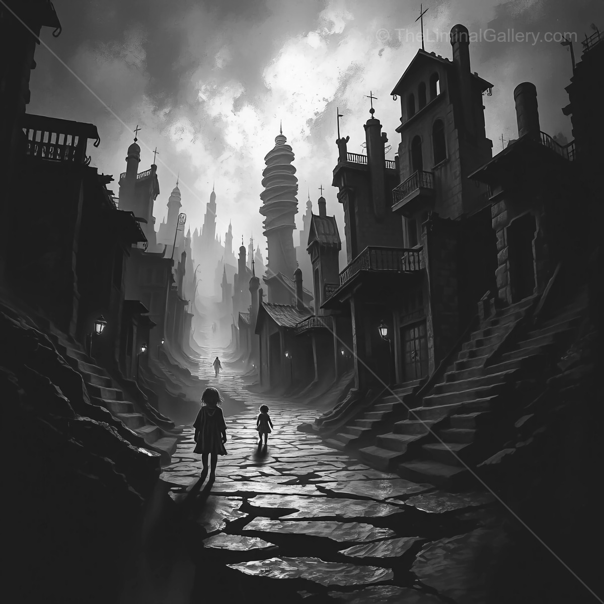Liminal dark streets echo with whispers of mystery and shadows in an eerie, timeless cityscape