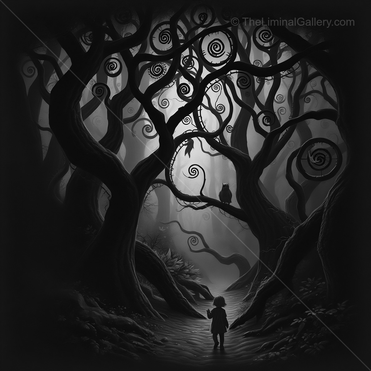 Mysterious journey through an enchanted forest at twilight with eerie silhouettes and whimsical trees