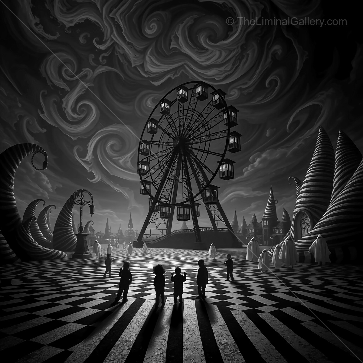Enigmatic carnival at dusk with shadowy figures and swirling skies