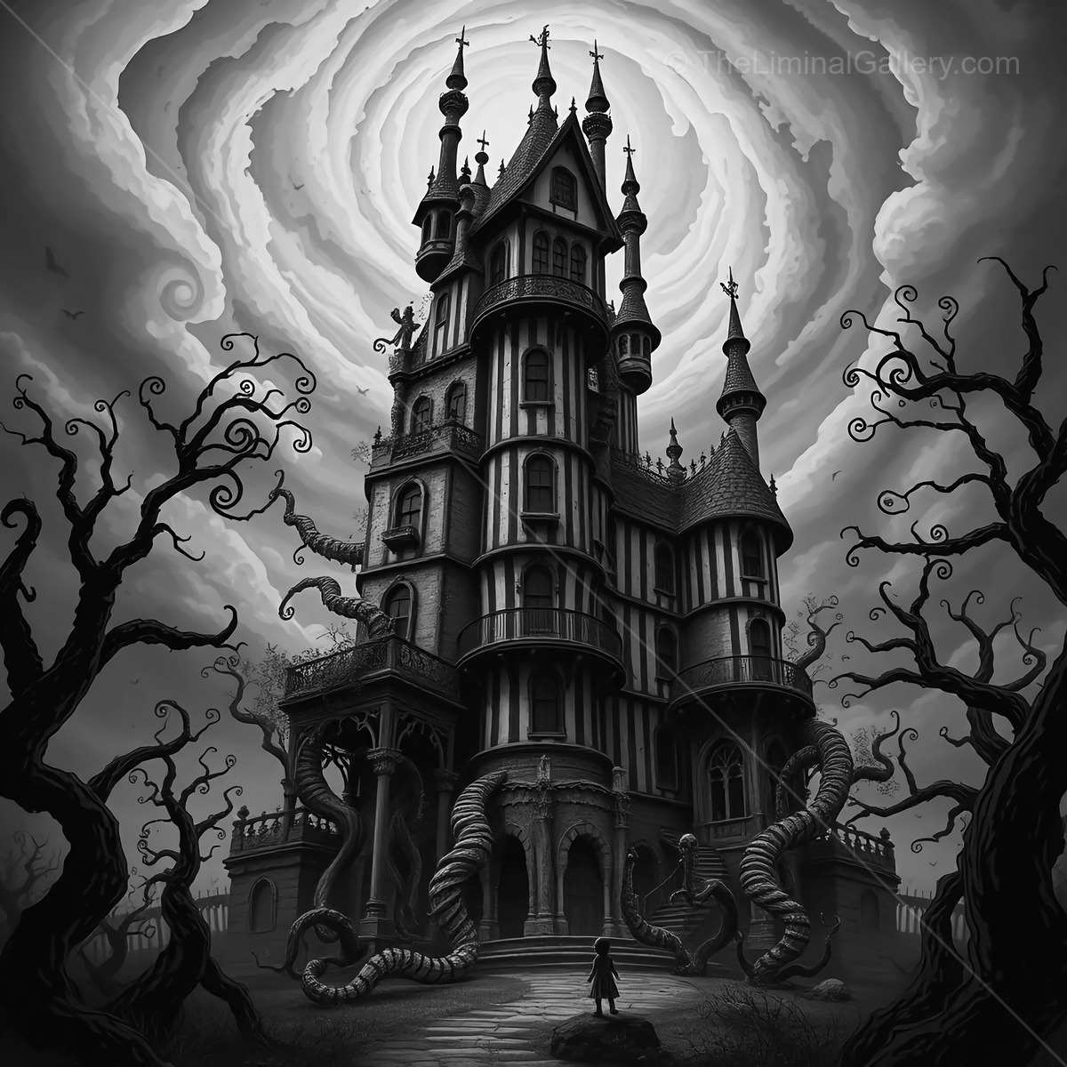Enigmatic mansion stands hauntingly under swirling stormy skies in a mysterious forest