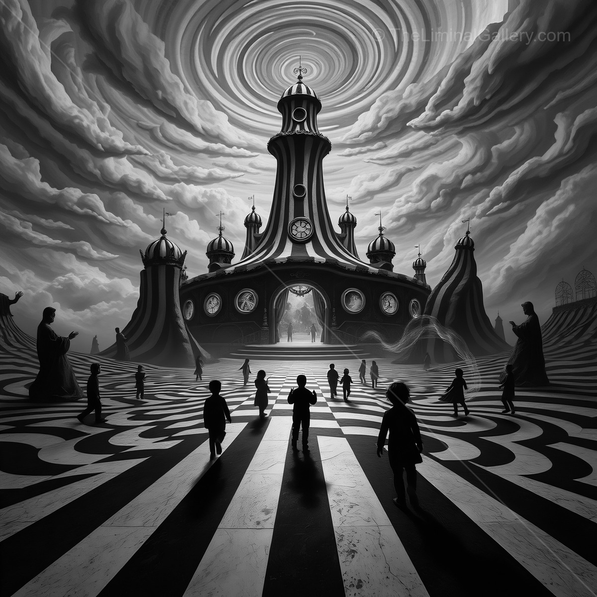 Mysterious children wander towards an enigmatic palace beneath swirling clouds at dusk