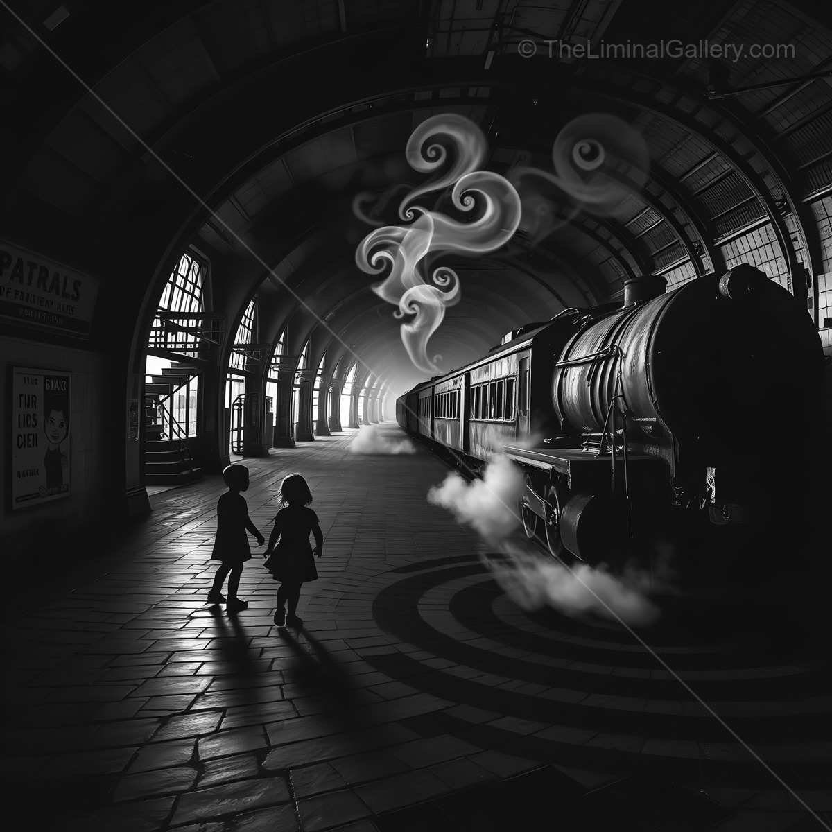 Two children explore the empty station as steam rises from an old train in a captivating black and white setting