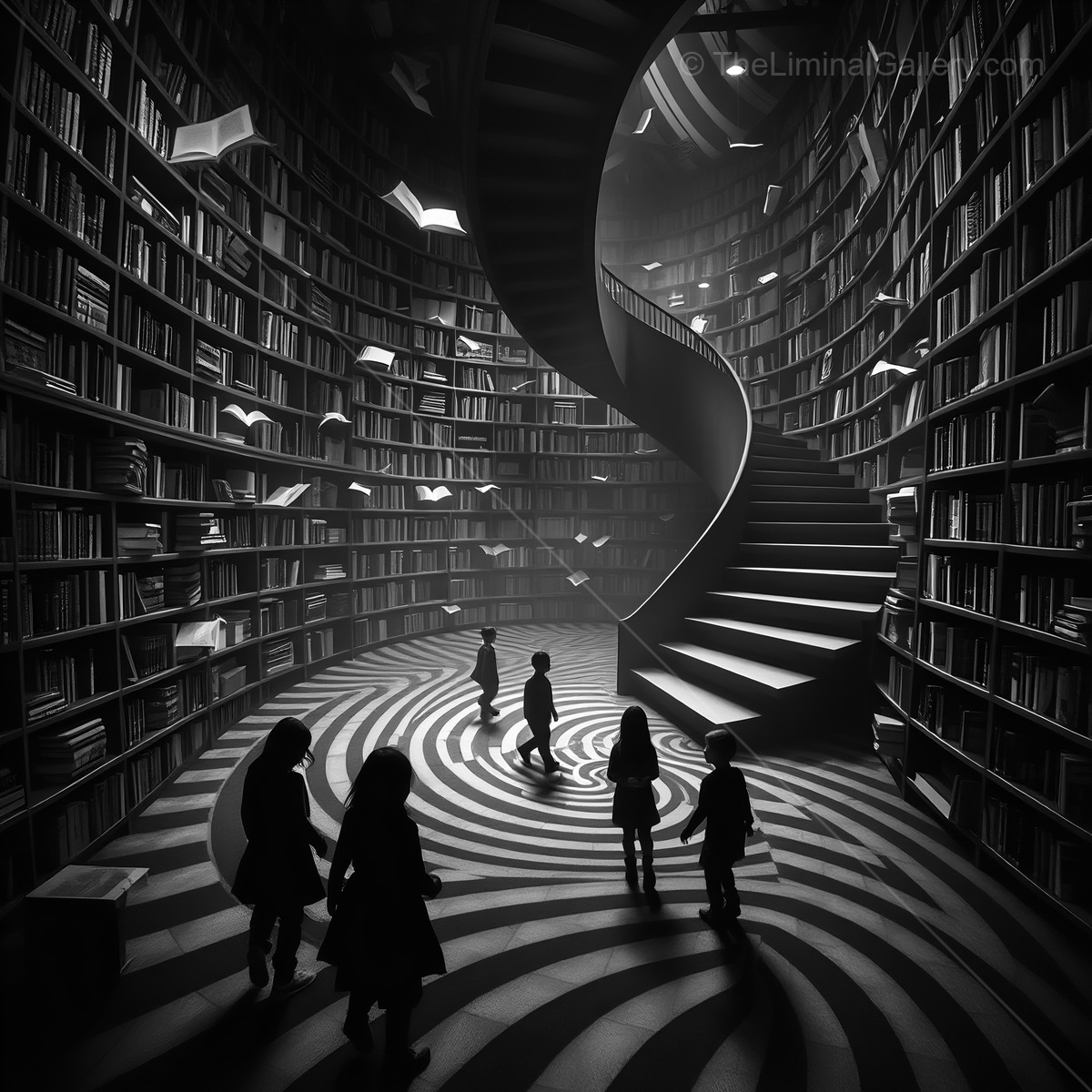 Exploring a fantastical library with swirling books and shadowy figures on a timeless adventure