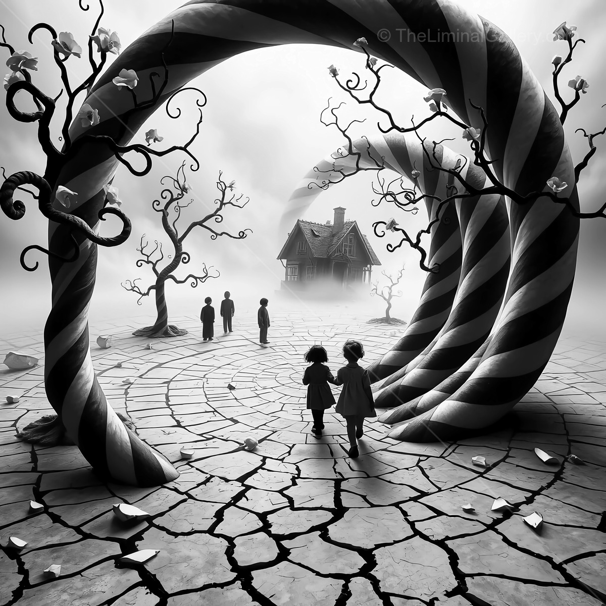 Mysterious candyland pathway leads to a haunted house shrouded in fog during twilight hours