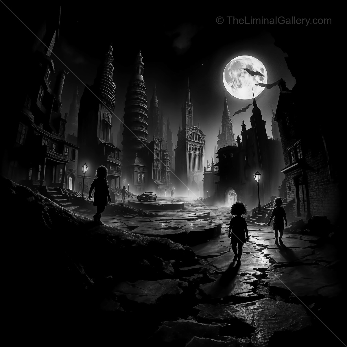 Shadows dance in a moonlit city of twisted spires and ancient secrets