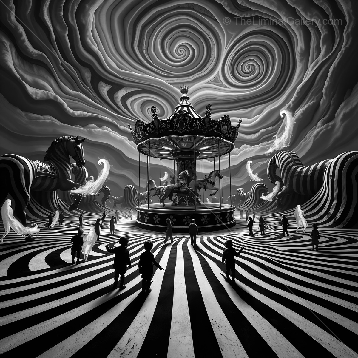 Mysterious carousel in a surreal landscape filled with swirling patterns and shadowy figures at twilight