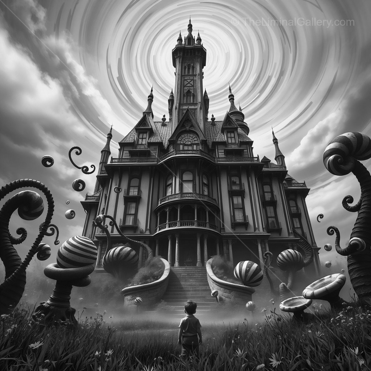 Mysterious journey to the whimsical mansion under swirling clouds at twilight