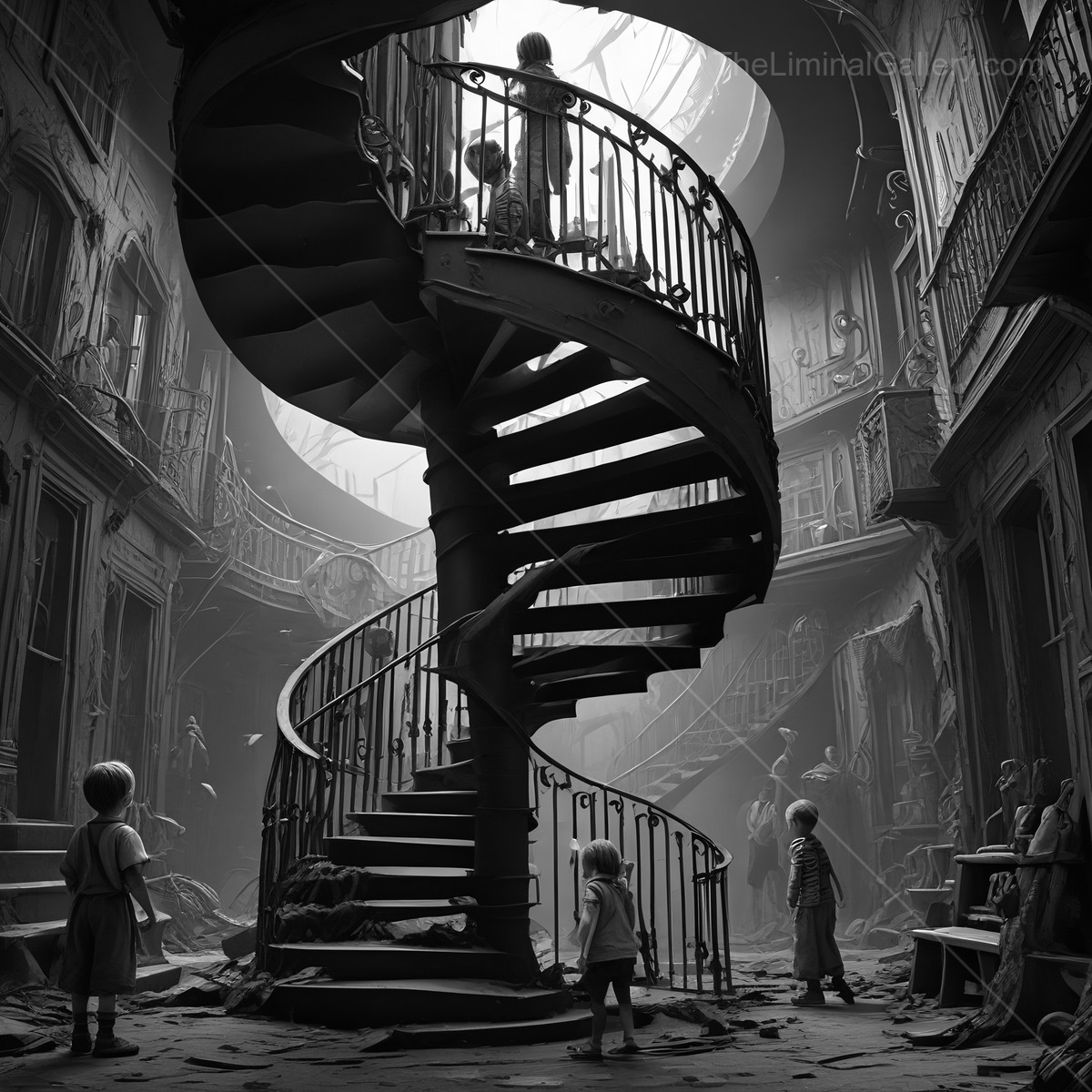 Mysterious spiral staircase in an abandoned building captivates the imagination of curious children exploring the unknown