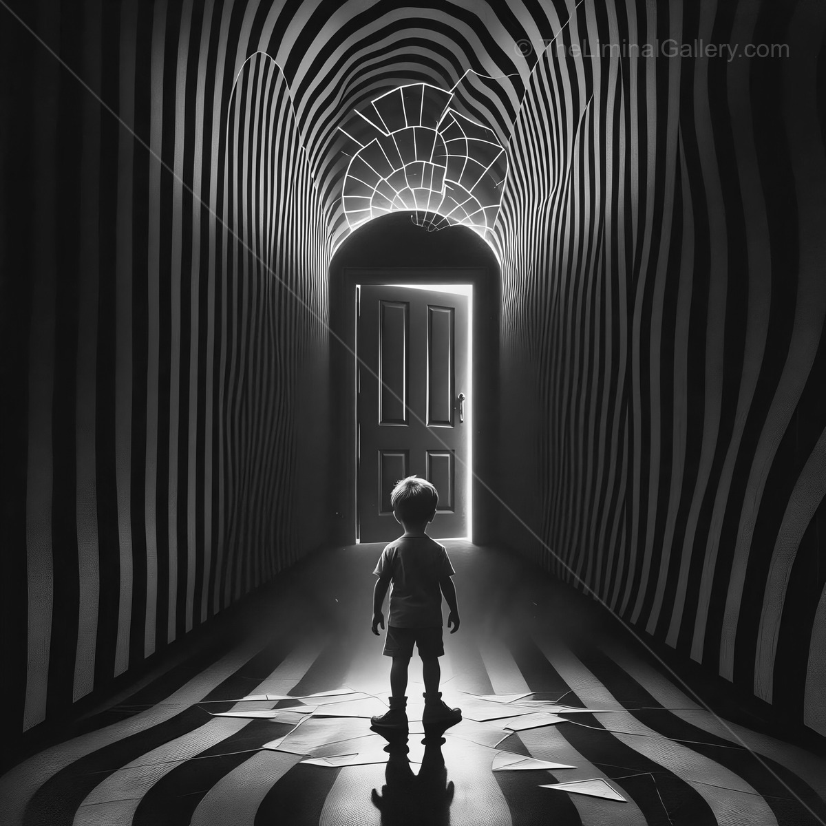 Mystical journey of a child standing at the threshold of a surreal doorway in a black and white corridor