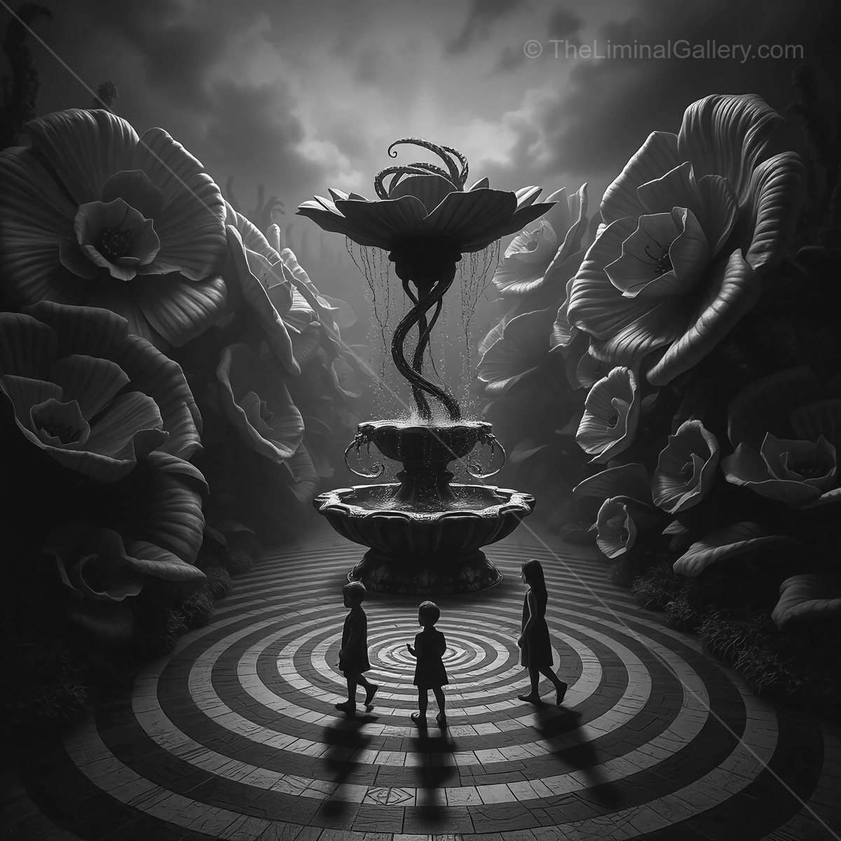 Children explore a mystical garden with an enchanting fountain surrounded by oversized flowers