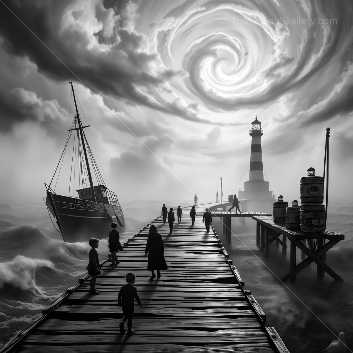 Mystical harbor at twilight with swirling clouds and wandering silhouettes near a lighthouse