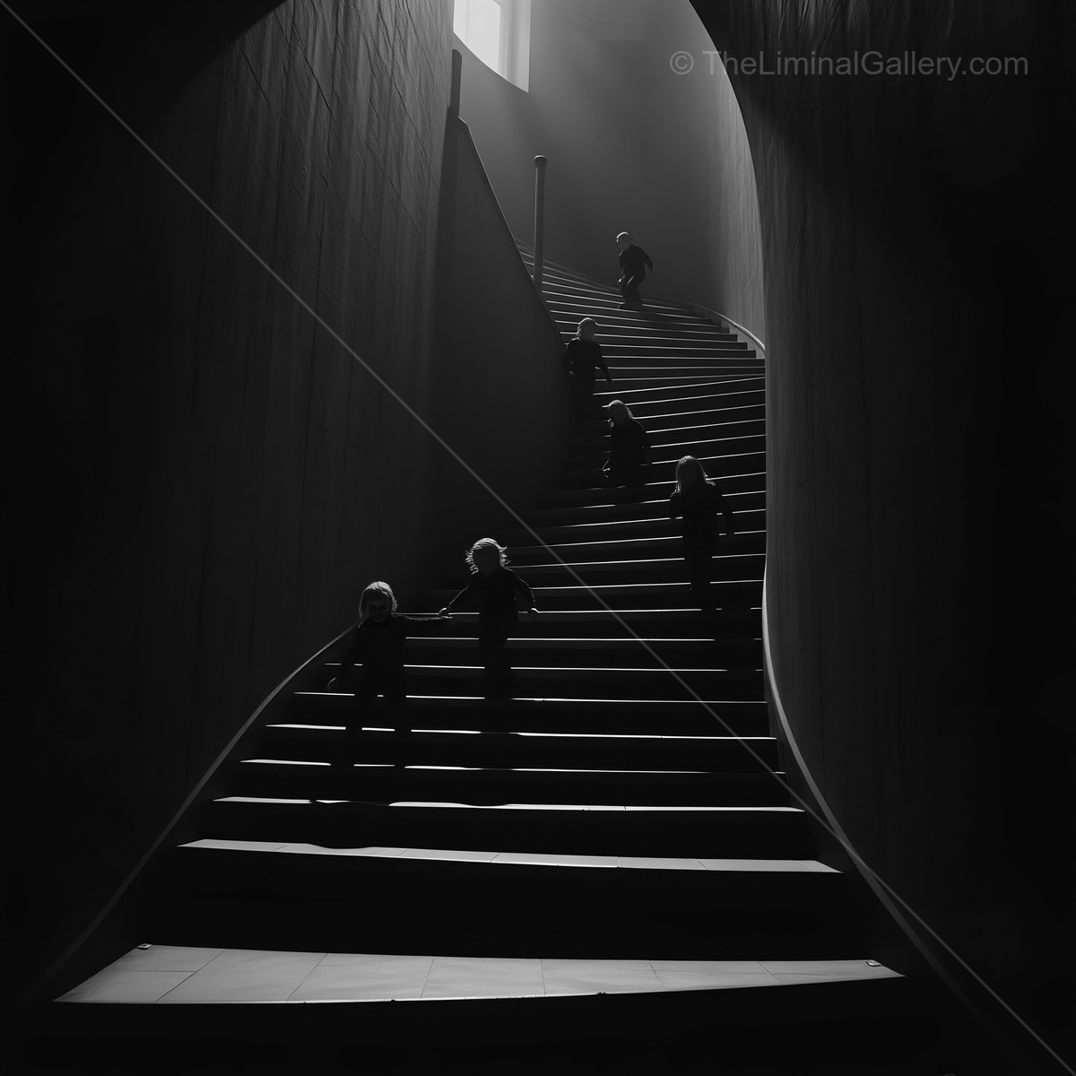 Shadows dancing on a spiral staircase under soft light in a minimalist space