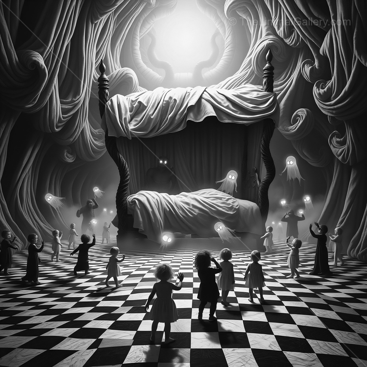 Whimsical gathering of shadowy figures around a mystical bed in a dreamlike realm