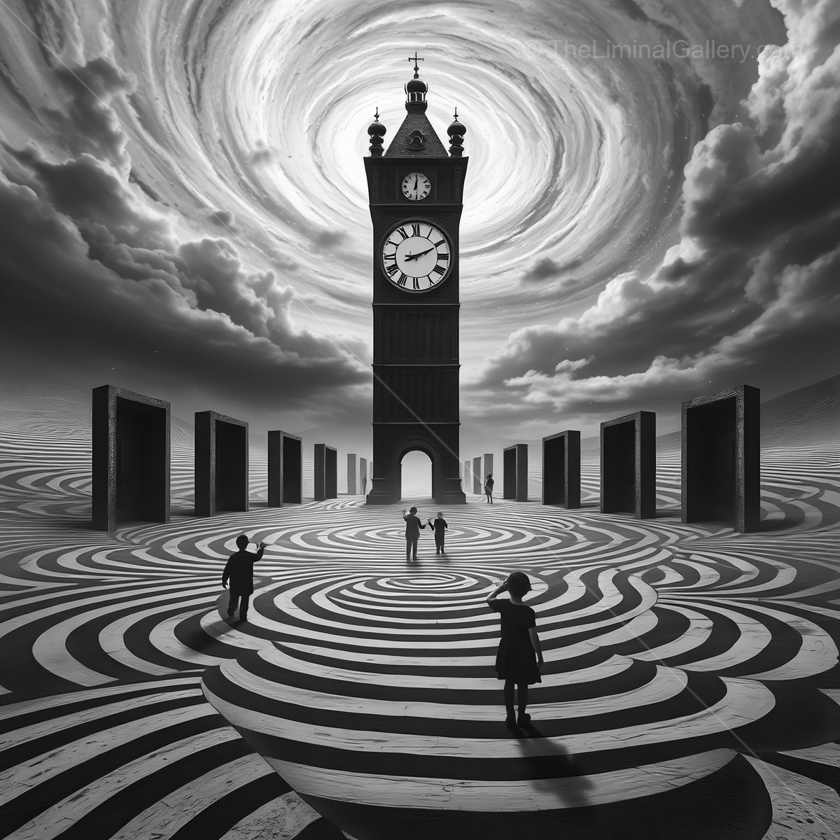 Striking contrast of time and perception in a surreal landscape of swirling clouds