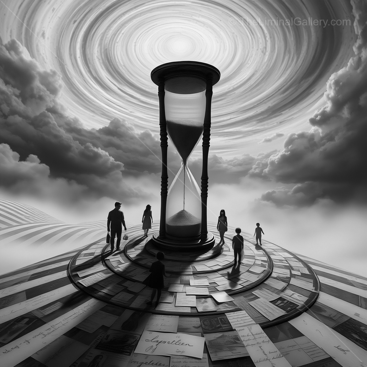 Time whispers through the swirling sands of an endless journey in an enigmatic landscape