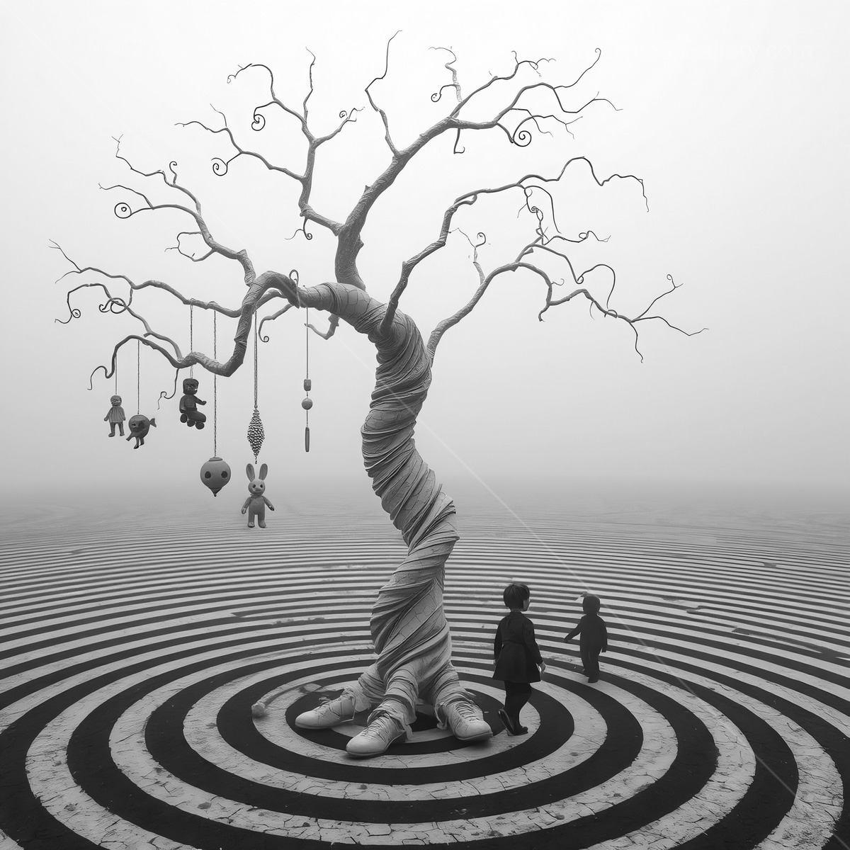 Artistic portrayal of a twisted tree surrounded by geometric patterns and two children exploring in a misty environment