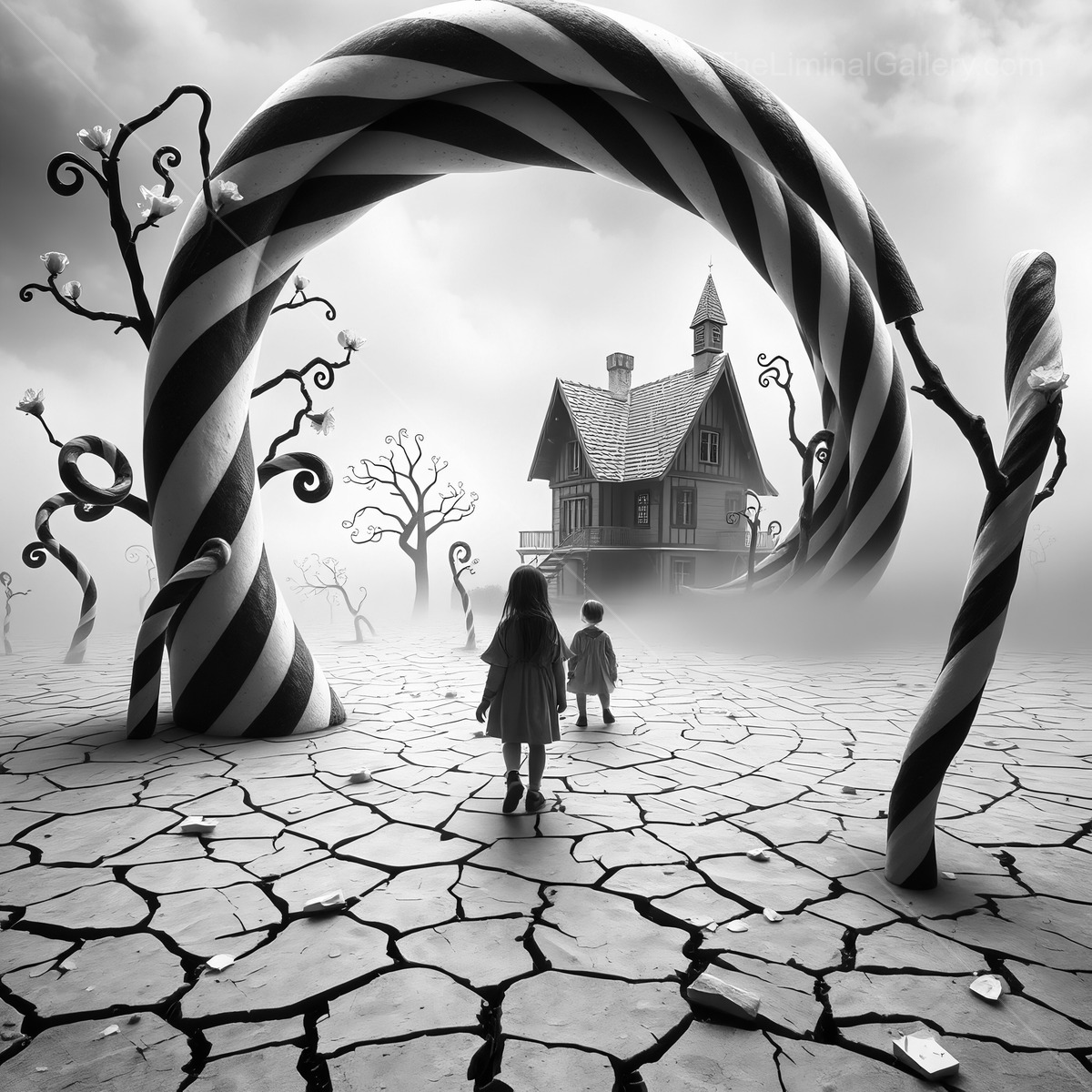 Exploring a whimsical dreamscape with twisted trees and an enchanting house under cloudy skies
