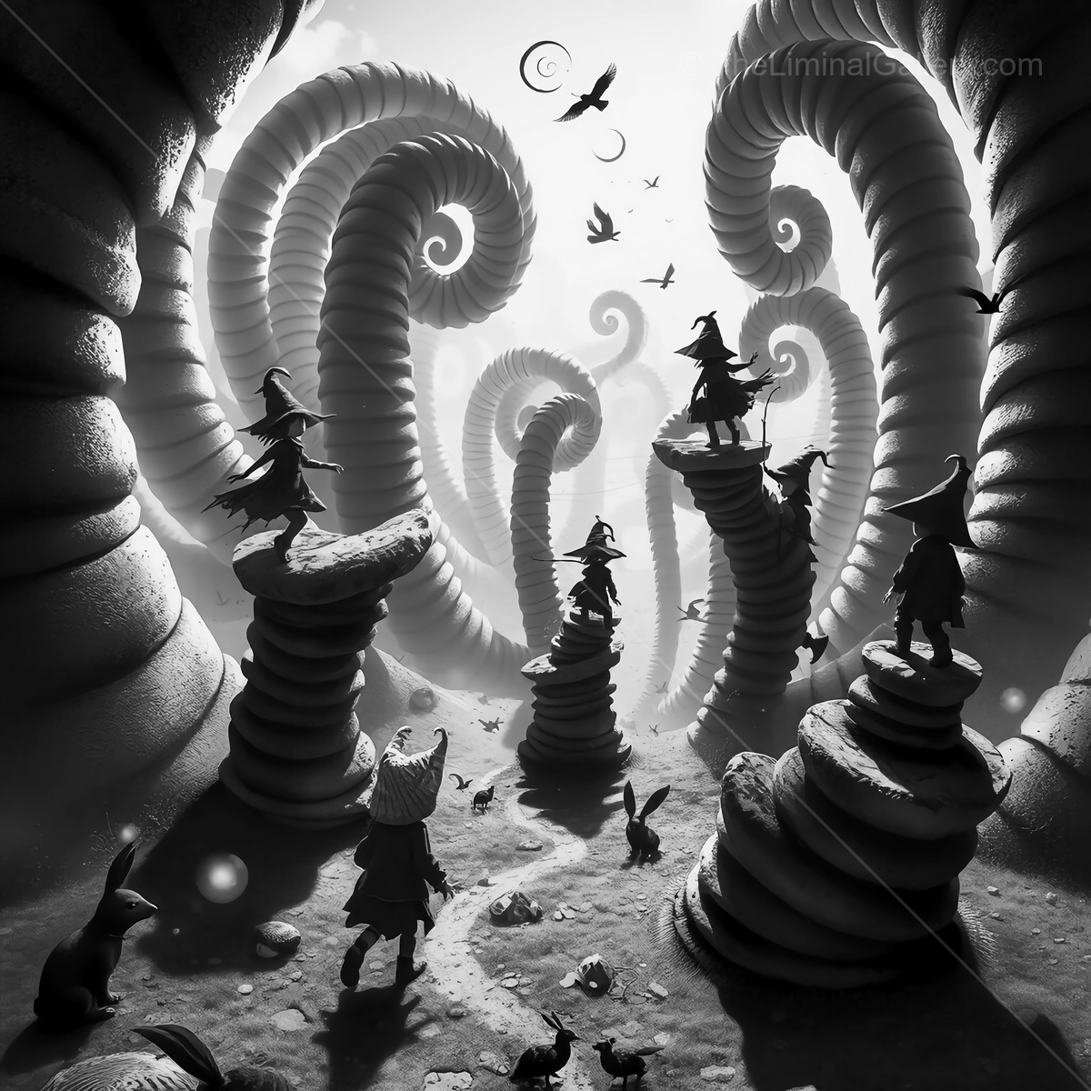 Surreal landscape of twisting paths and whimsical creatures in a dreamlike realm