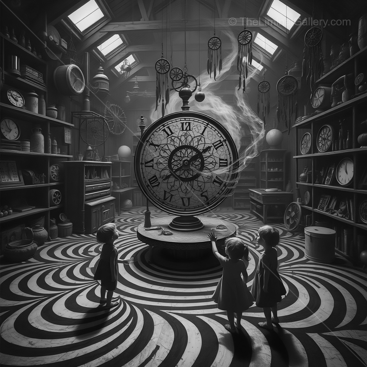 Children explore a whimsical clock shop filled with mysteries and magic in an enchanting and surreal atmosphere
