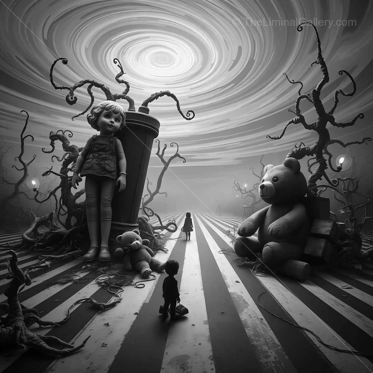 Whimsical journey through a dreamlike landscape of toys and shadows in a surreal world