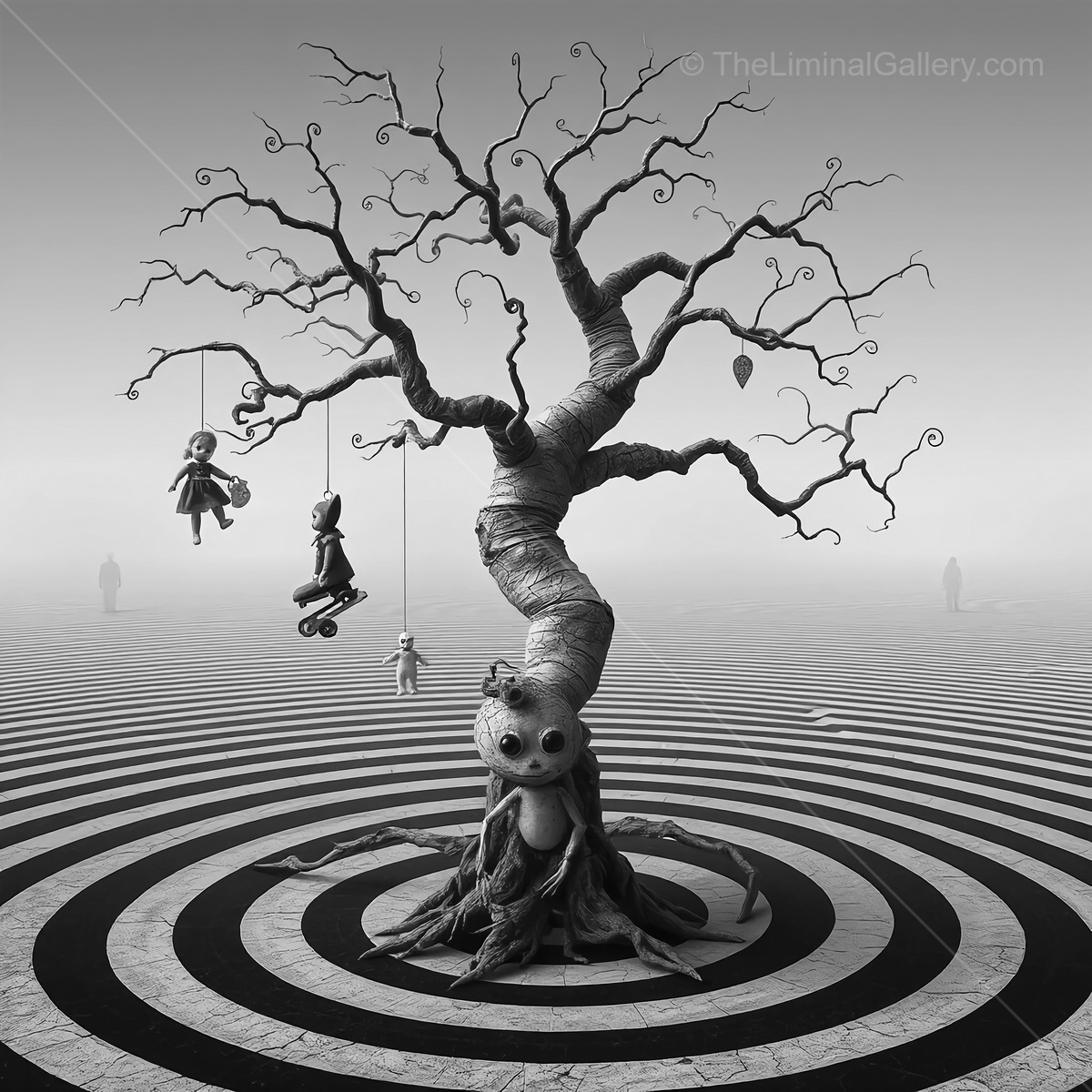 Whimsical tree stands out in a surreal landscape filled with hanging dolls and a mysterious atmosphere