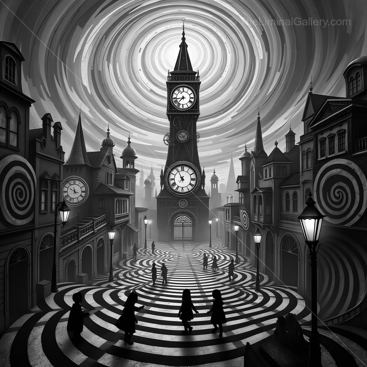 Whirling clocks and shadowy figures in a surreal spiraled town square at dusk