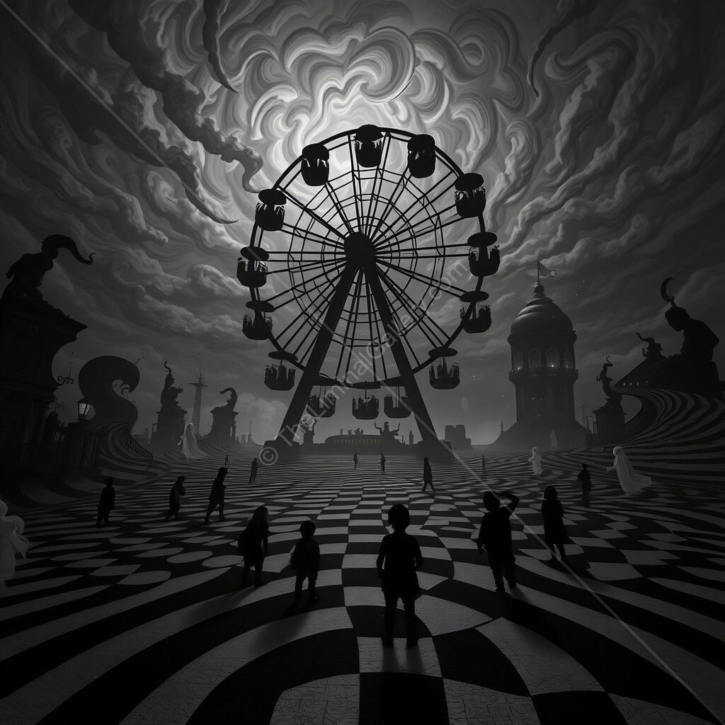 Mysterious liminal carnival night with towering ferris wheel under swirling clouds