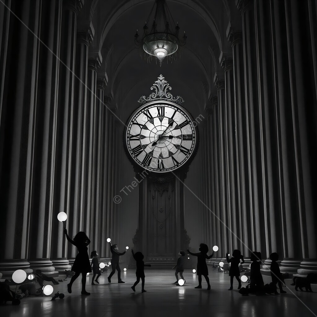 Children play joyfully under a grand clock in a liminal majestic hall during an enchanting evening event