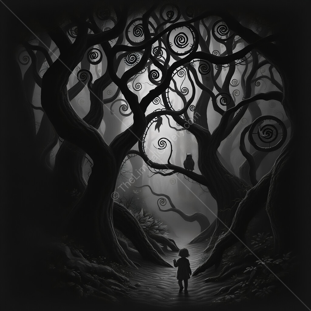 Mysterious journey through an enchanted forest at twilight with eerie silhouettes and whimsical trees