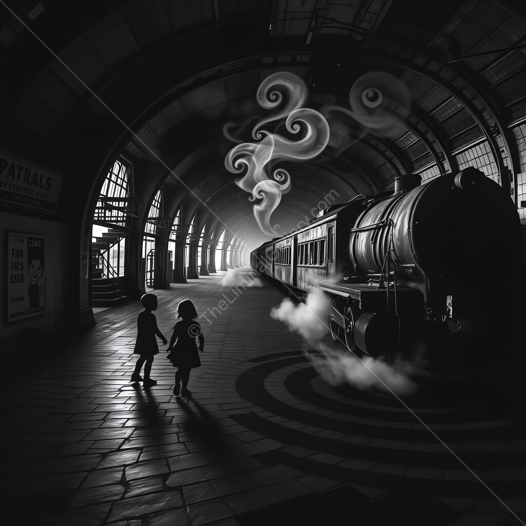 Two children explore the empty station as steam rises from an old train in a captivating black and white setting
