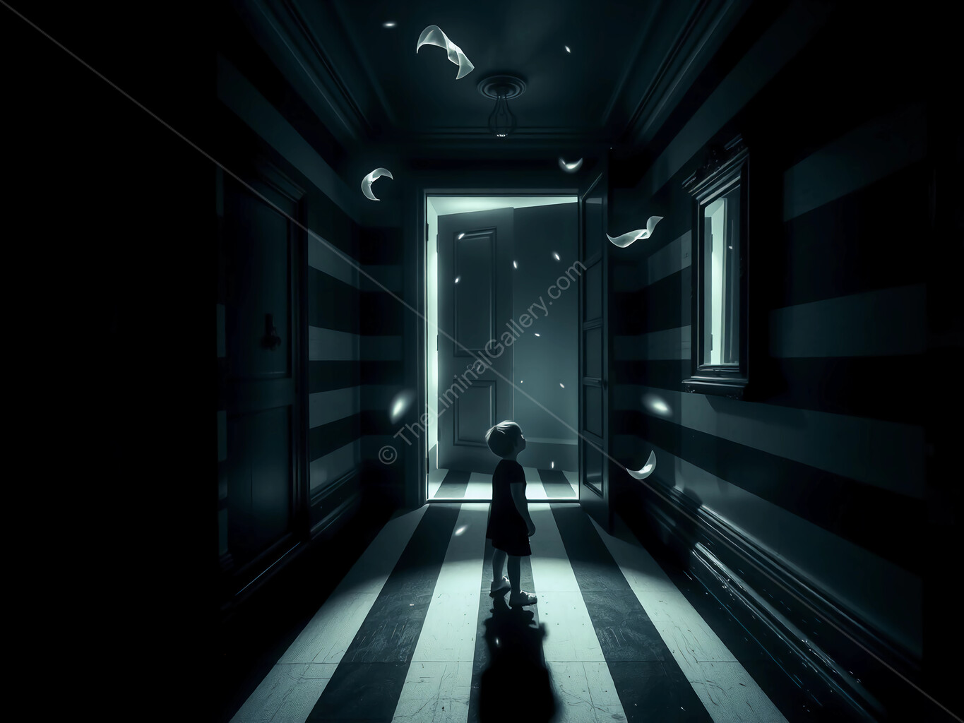 Whispers of a forgotten hallway where shadows dance in the light of an open door