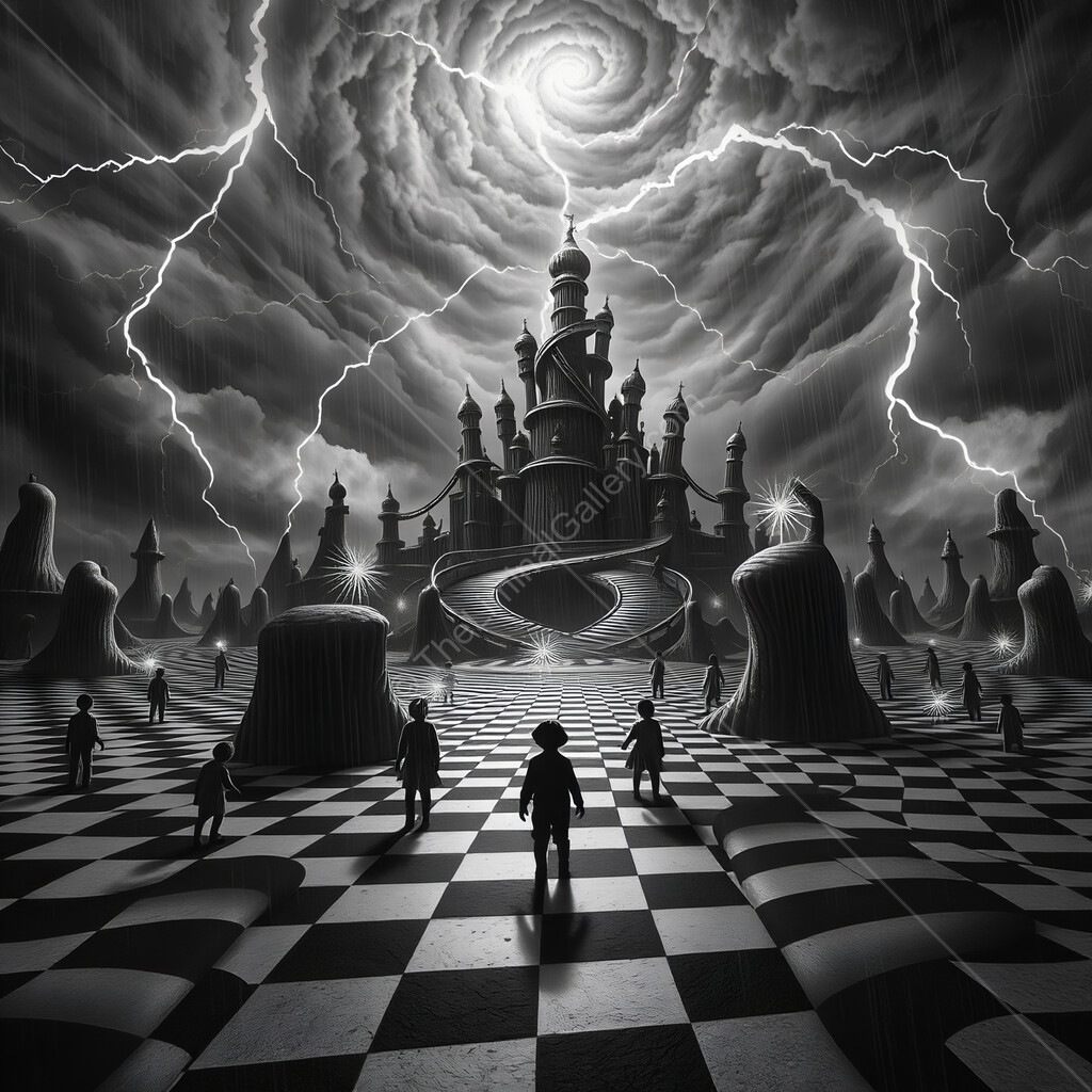 Melancholic journey through a surreal world under stormy skies