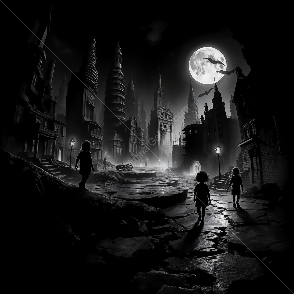 Shadows dance in a moonlit city of twisted spires and ancient secrets