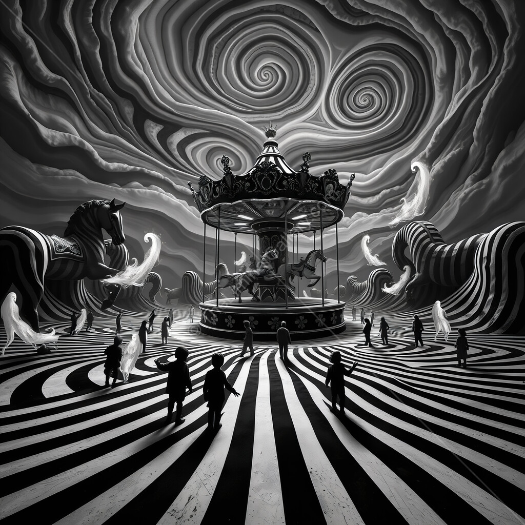 Mysterious carousel in a surreal landscape filled with swirling patterns and shadowy figures at twilight