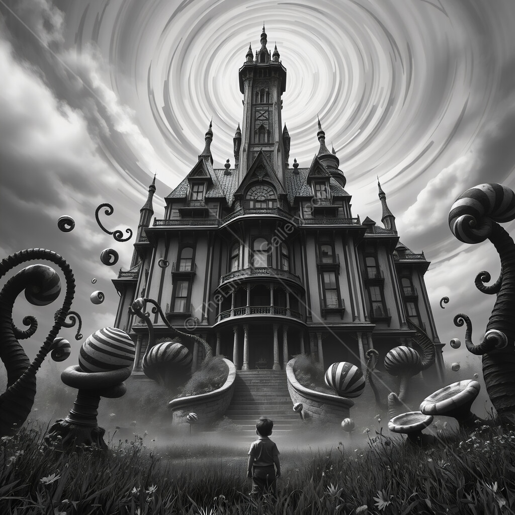 Mysterious journey to the whimsical mansion under swirling clouds at twilight