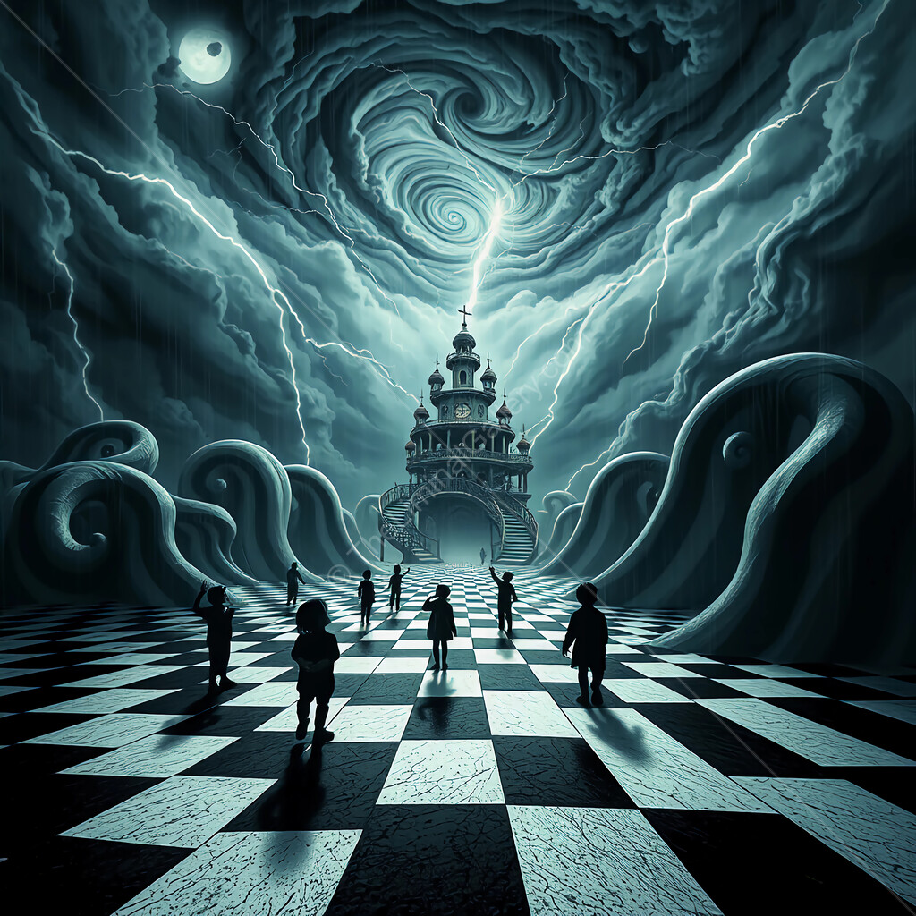 Mystical castle emerges from swirling clouds under a stormy night sky