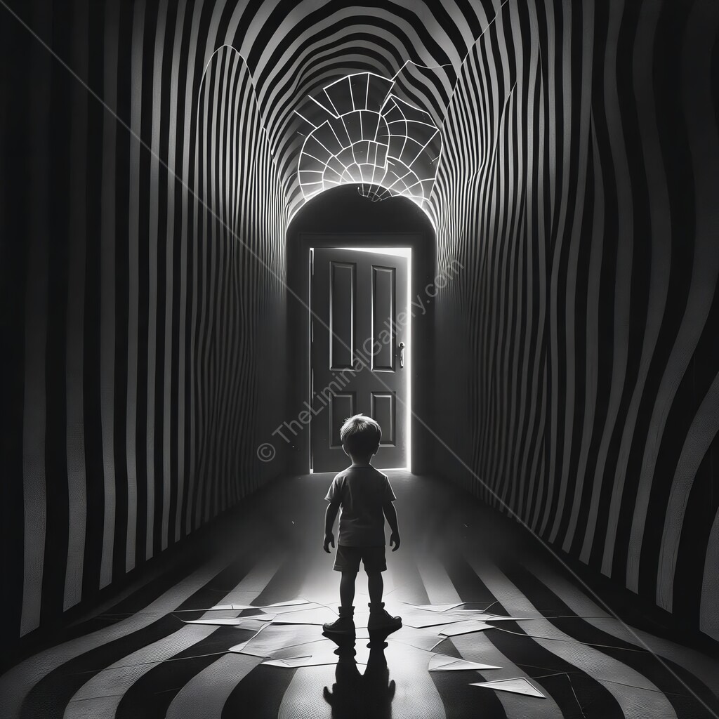 Mystical journey of a child standing at the threshold of a surreal doorway in a black and white corridor