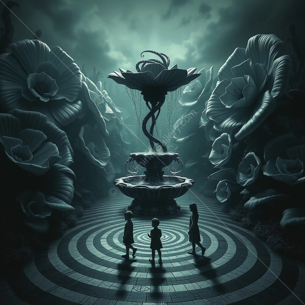 Children explore a mystical garden with an enchanting fountain surrounded by oversized flowers