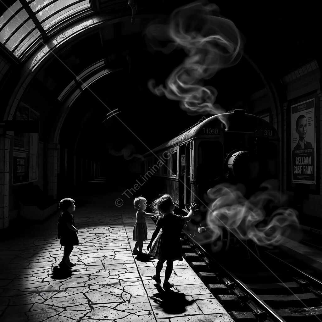 Mystical encounter at the old station during twilight with children and a steam train