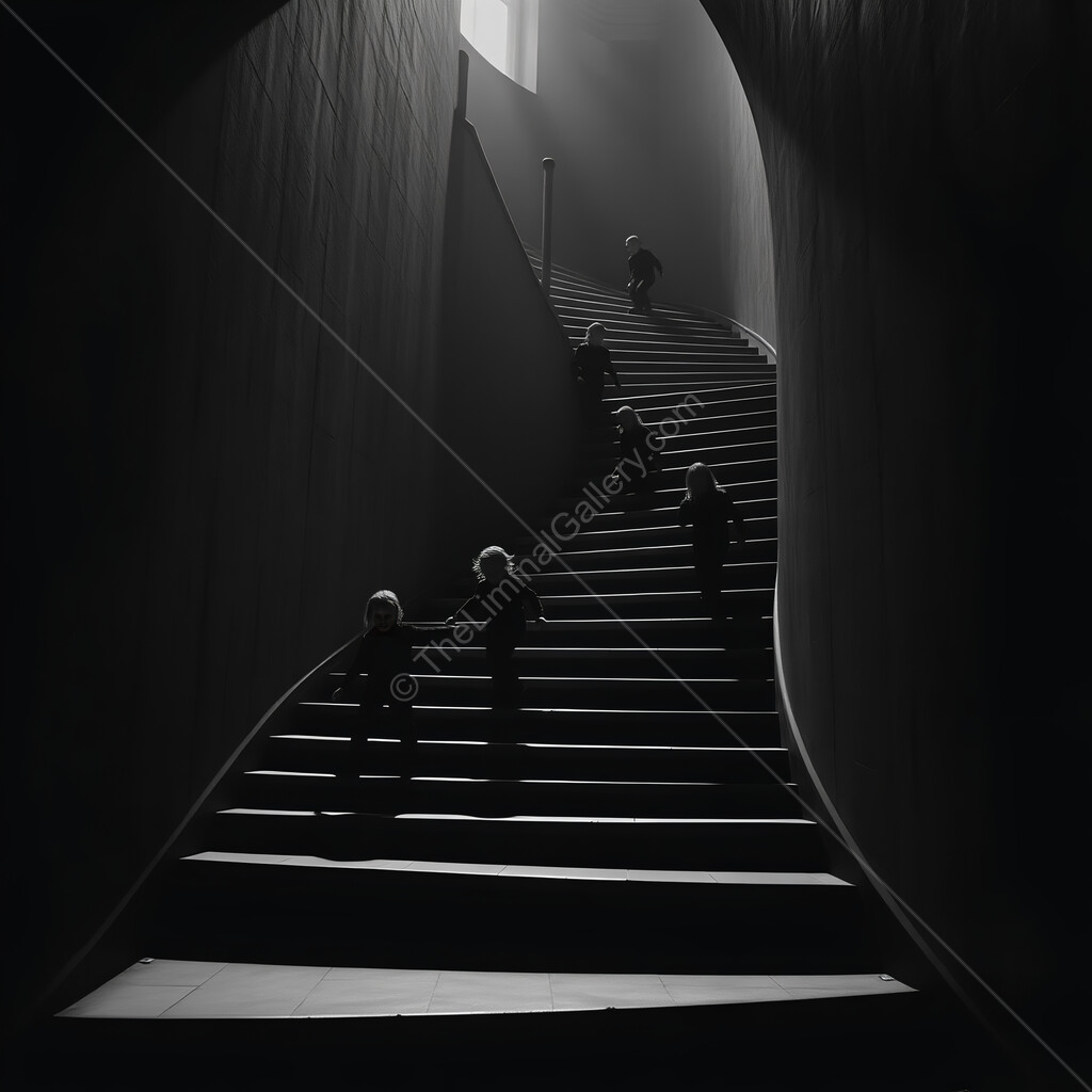 Shadows dancing on a spiral staircase under soft light in a minimalist space