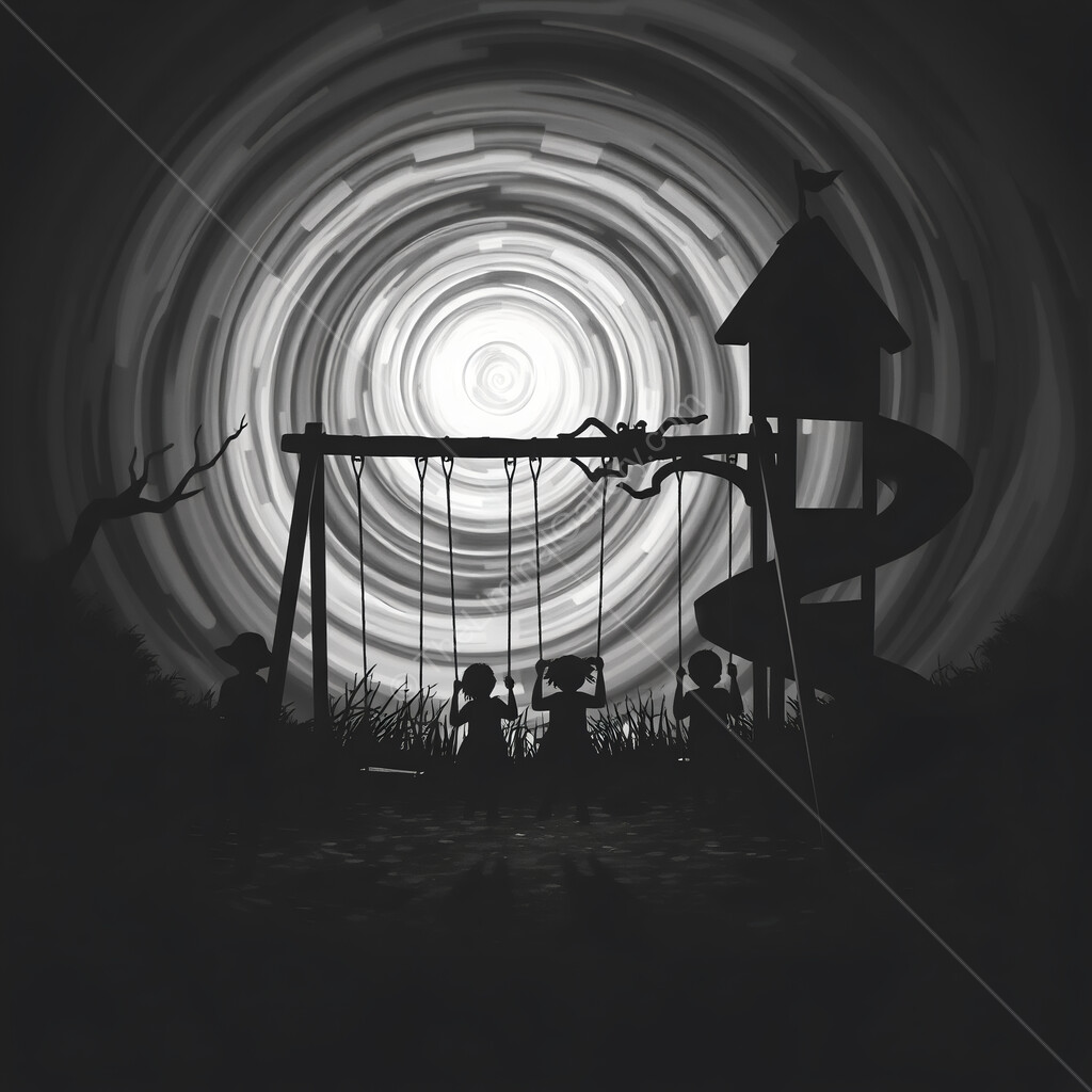 Swinging silhouettes illuminated by a swirling moonlit backdrop during a serene twilight hour