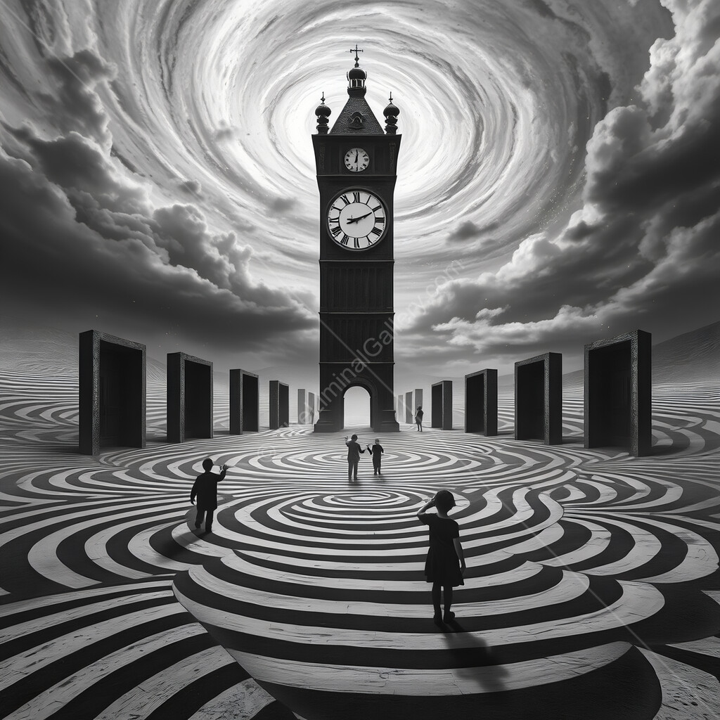 Striking contrast of time and perception in a surreal landscape of swirling clouds
